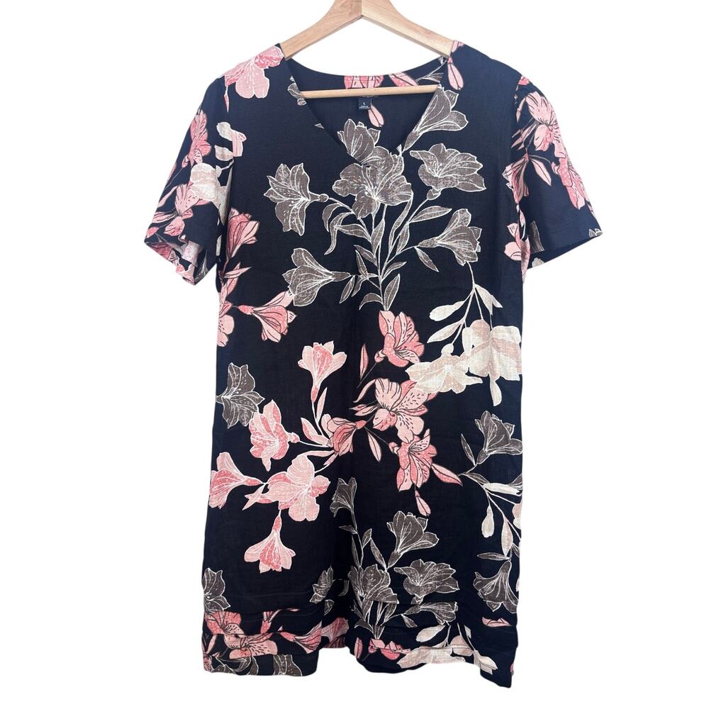 🌺 Nicole Miller Floral Linen Blend Shift Dress | Size L | Black Pink